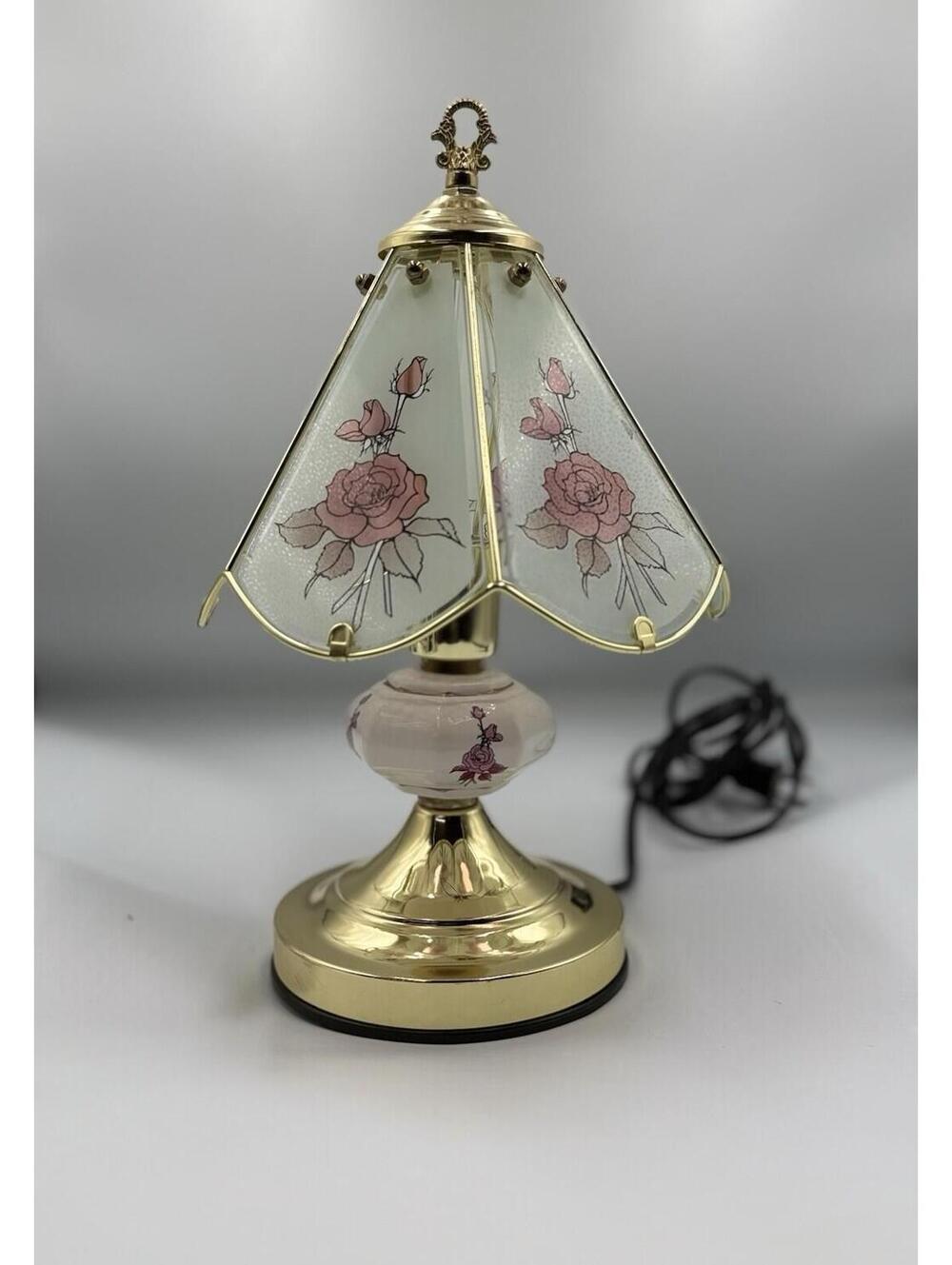 Vintage 6 Panel Floral Glass Brass Lamp Flower Stained Glass